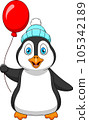 Cute cartoon penguin mascot in winter hat holding red balloon 105342189
