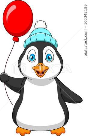 Cute cartoon penguin mascot in winter hat holding red balloon Cute cartoon penguin mascot in winter hat holding red balloon 105342189