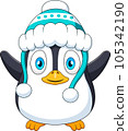 Cute penguin mascot cartoon with winter hat on head 105342190