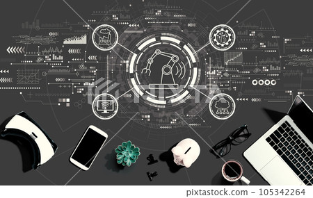 Smart industry concept with electronic gadgets and office supplies 105342264