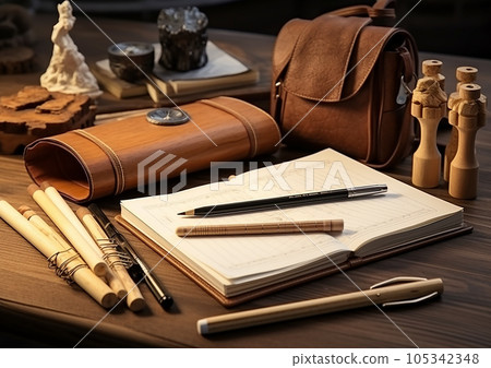 經典文具、日記和辦公桌冒險的形象 105342348