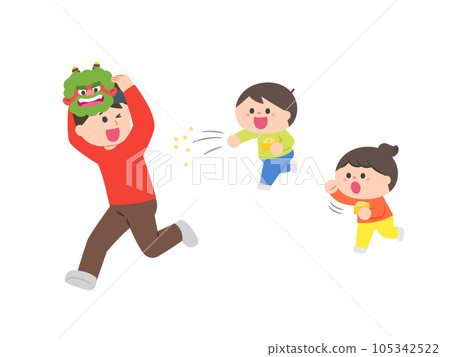 Setsubun Children throwing beans and a father who plays the role of a demon running away 105342522