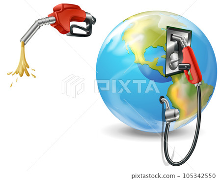 Fueling nozzle gasoline and earth planet on white background 105342550