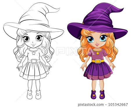 Cartoon witch wearing a big hat its doodle coloring 105342667