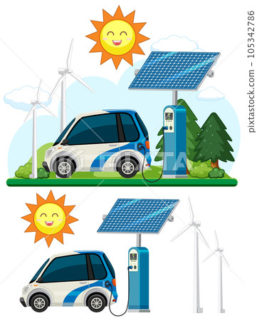 Green energy concept with solar panels and wind turbines 105342786
