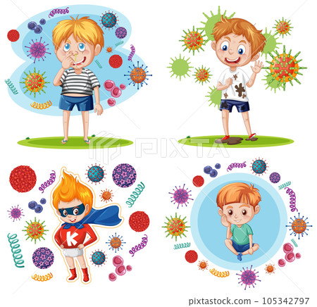 Set of boy surrounded by germ Set of boy surrounded by germ 105342797