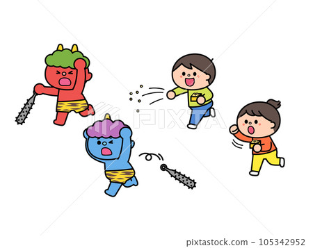 節分小孩扔豆子惡魔逃跑 節分小孩扔豆子惡魔逃跑 105342952