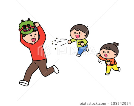 Setsubun Children throwing beans and a father who plays the role of a demon running away 105342954