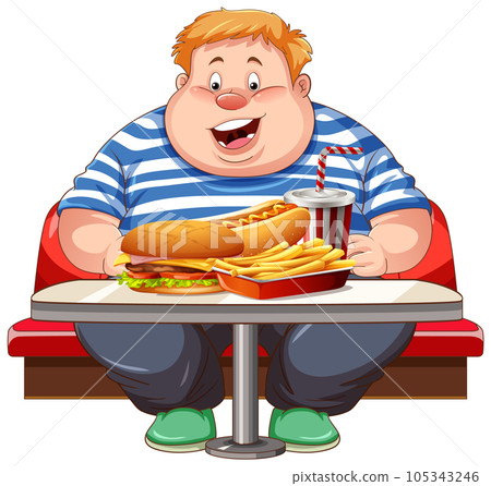Fat Man with Fast Food on the Table 105343246
