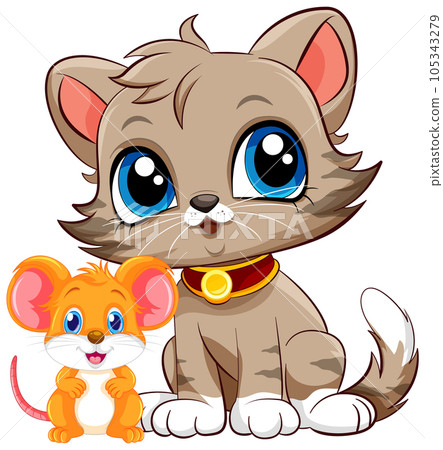 Cute Cat with Mouse in Cartoon Style Cute Cat with Mouse in Cartoon Style 105343279