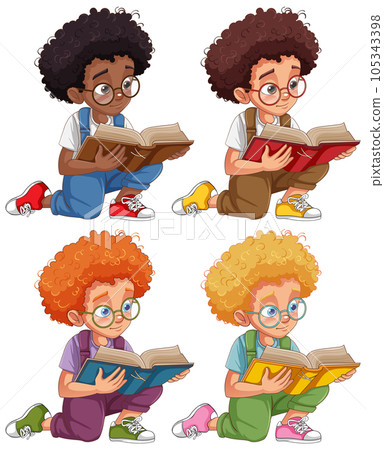 Set of boy with curly hair in different skin colour reading a book Set of boy with curly hair in different skin colour reading a book 105343398