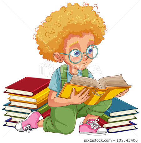 Boy with curly hair reading a book Boy with curly hair reading a book 105343406