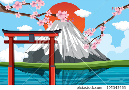 Japan scene with Fuji mountain and Torii gate background Japan scene with Fuji mountain and Torii gate background 105343663
