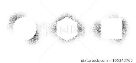 Square, circle and hexagon frames set with spray stencil effect. Grunge dotted border shadow collection. Faded noise shape bundle. Splattered elements for text box, banner, poster, template. Vector 105343763