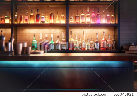 Empty bar counter in cafe, club, restaurant, evening time dark background, blur bokeh. Template alcoholic drinks, bar cocktails 105343921