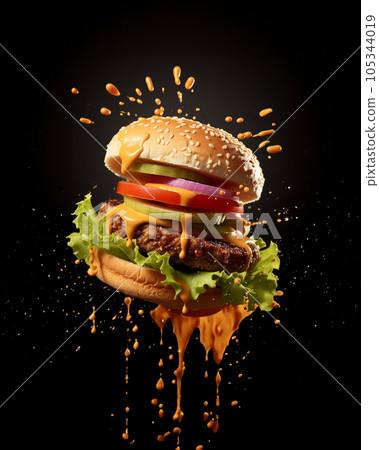 A burger, piled high with juicy beef, melted cheese, crisp lettuce, and tangy pickles. A burger, piled high with juicy beef, melted cheese, crisp lettuce, and tangy pickles. 105344019