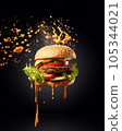 A burger, piled high with juicy beef, melted cheese, crisp lettuce, and tangy pickles. 105344021