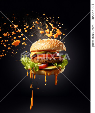 A burger, piled high with juicy beef, melted cheese, crisp lettuce, and tangy pickles. A burger, piled high with juicy beef, melted cheese, crisp lettuce, and tangy pickles. 105344021