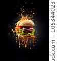 A burger, piled high with juicy beef, melted cheese, crisp lettuce, and tangy pickles. 105344023