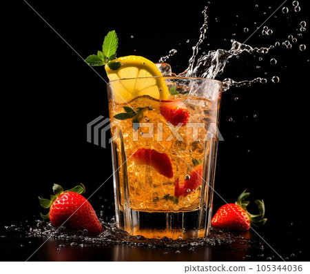 Fresh fruit cocktail in freeze motion splashing Fresh fruit cocktail in freeze motion splashing 105344036