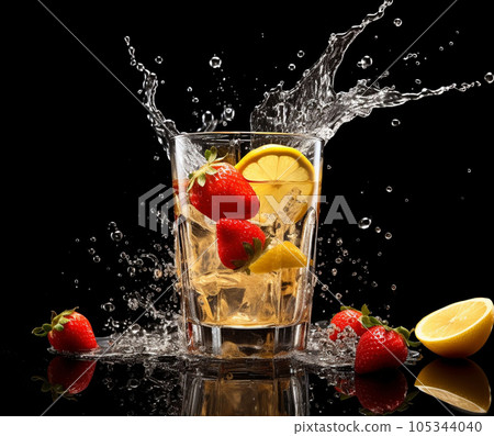Fresh fruit cocktail in freeze motion splashing Fresh fruit cocktail in freeze motion splashing 105344040