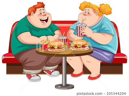 Fat couple eating fast food at the restaurant Fat couple eating fast food at the restaurant 105344204