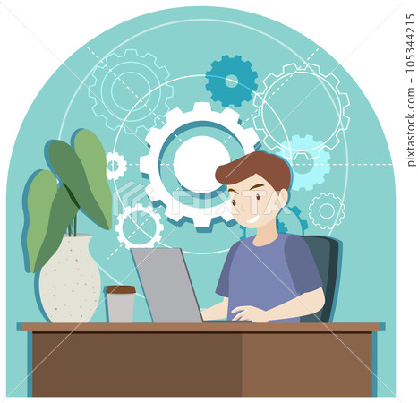 A man working on the table with gears background 105344215