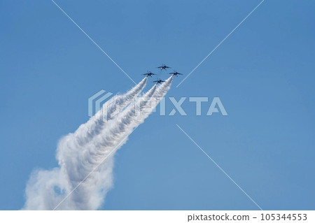 Blue Impulse from Matsushima Air Base flying in the blue sky Higashi Matsushima City, Miyagi Prefecture Blue Impulse from Matsushima Air Base flying in the blue sky Higashi Matsushima City, Miyagi Prefecture 105344553