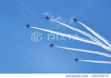 Blue Impulse from Matsushima Air Base flying in the blue sky Higashi Matsushima City, Miyagi Prefecture Blue Impulse from Matsushima Air Base flying in the blue sky Higashi Matsushima City, Miyagi Prefecture 105344573