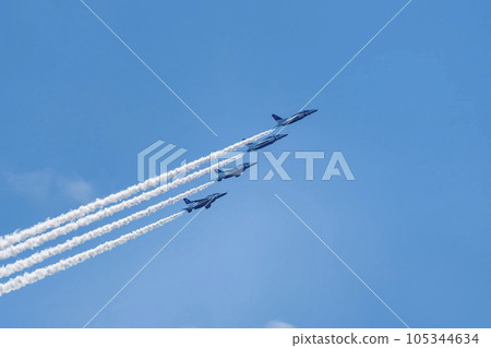 Blue Impulse from Matsushima Air Base flying in the blue sky Higashi Matsushima City, Miyagi Prefecture Blue Impulse from Matsushima Air Base flying in the blue sky Higashi Matsushima City, Miyagi Prefecture 105344634