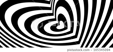 Abstract hypnotic tunnel heart background. Black and white optical illusion pattern. Heart-shaped op art design for poster, banner, template. Vector horizontal illustration wallpaper 105345094