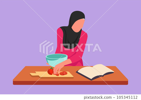 Cartoon flat style drawing Arab woman cooking meal while reading tutorial book on cozy kitchen table at home. Happy wife preparing healthy food for family breakfast. Graphic design vector illustration 105345112