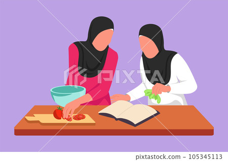 Character flat drawing two Arab woman cooking meal while reading tutorial book on cozy kitchen table at home. Friends prepare breakfast meal. Healthy food lifestyle. Cartoon design vector illustration 105345113