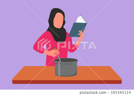 Graphic flat design drawing Arabian woman cooking while reading recipe book she is holding. Healthy food lifestyle concept. Happy wife cooking at home. Prepared food. Cartoon style vector illustration 105345114