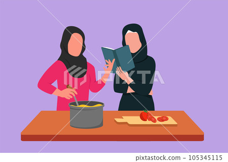 Cartoon flat style drawing two Arab woman cooking while reading book she is holding. Healthy food lifestyle concept. Friends cooking meal for dinner. Prepare food. Graphic design vector illustration Cartoon flat style drawing two Arab woman cooking while reading book she is holding. Healthy food lifestyle concept. Friends cooking meal for dinner. Prepare food. Graphic design vector illustration 105345115