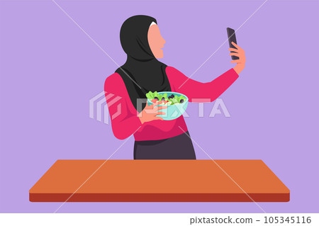 Character flat drawing female taking selfie or making video call using smartphone while platting fresh salad. Arabian woman cooking healthy food or nutrition meal. Cartoon design vector illustration 105345116