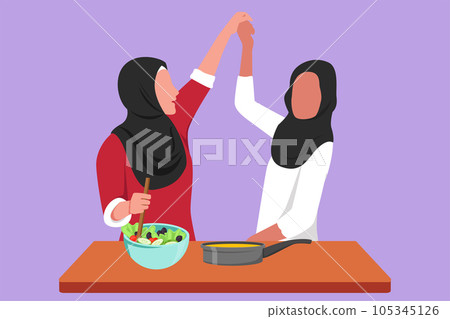 Character flat drawing two beauty Arab woman singing and dancing with fresh salad on bowl, frying pan and spatula in hand while cooking together in kitchen at home. Cartoon design vector illustration Character flat drawing two beauty Arab woman singing and dancing with fresh salad on bowl, frying pan and spatula in hand while cooking together in kitchen at home. Cartoon design vector illustration 105345126