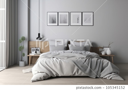 Luxurious bedroom decor with two vertical frames on the wall, adding a touch of sophistication and elegance to the space. AI Generative. Luxurious bedroom decor with two vertical frames on the wall, adding a touch of sophistication and elegance to the space. AI Generative. 105345152