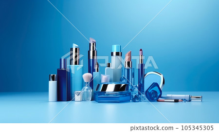 Beauty cosmetic makeup on table, brushes, lipstick blue background.By AI Generative Beauty cosmetic makeup on table, brushes, lipstick blue background.By AI Generative 105345305