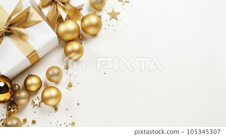 Top view of gold gift box with copy space, golden decorations on white background.By AI Generative Top view of gold gift box with copy space, golden decorations on white background.By AI Generative 105345307