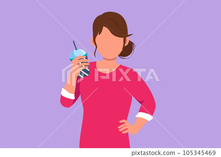 Graphic flat design drawing active woman looking and holding plastic glass of orange juice with one hand on the waist. Feels thirsty and refreshing in summer season. Cartoon style vector illustration 105345469