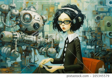 Robot and woman illustration, Generative AI AI image 105345579