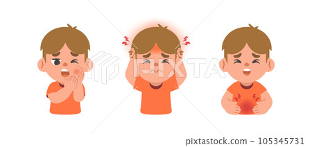 a white boy has a toothache, headache, stomachache. illustration cartoon character vector design on white background. kid and health care concept. 105345731
