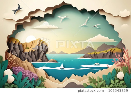 Paper cut colorful illustration. Landscape with coast and sea, sunny day. Space for text. Good for banner, header Paper cut colorful illustration. Landscape with coast and sea, sunny day. Space for text. Good for banner, header 105345839
