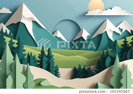 Mountains papercut background. Art style landscape illustration in craft style. Layered origami spring or summer design with mountains, forest, grass, sun and cloud. Travel, tourism and adventure. 105345867