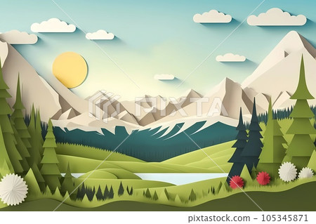 Mountains papercut background. Art style landscape illustration in craft style. Layered origami spring or summer design with mountains, forest, grass, sun and cloud. Travel, tourism and adventure. 105345871