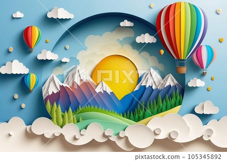 Beautiful landscape with clouds on blue sky, mountains, sun, air balloon and rainbow. Paper cut style Beautiful landscape with clouds on blue sky, mountains, sun, air balloon and rainbow. Paper cut style 105345892