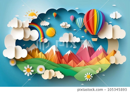 Beautiful landscape with clouds on blue sky, mountains, sun, air balloon and rainbow. Paper cut style Beautiful landscape with clouds on blue sky, mountains, sun, air balloon and rainbow. Paper cut style 105345893