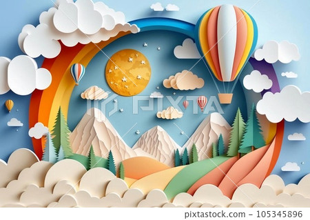 Beautiful landscape with clouds on blue sky, mountains, sun, air balloon and rainbow. Paper cut style Beautiful landscape with clouds on blue sky, mountains, sun, air balloon and rainbow. Paper cut style 105345896