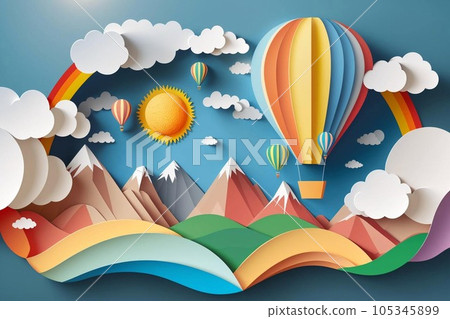 Beautiful landscape with clouds on blue sky, mountains, sun, air balloon and rainbow. Paper cut style Beautiful landscape with clouds on blue sky, mountains, sun, air balloon and rainbow. Paper cut style 105345899